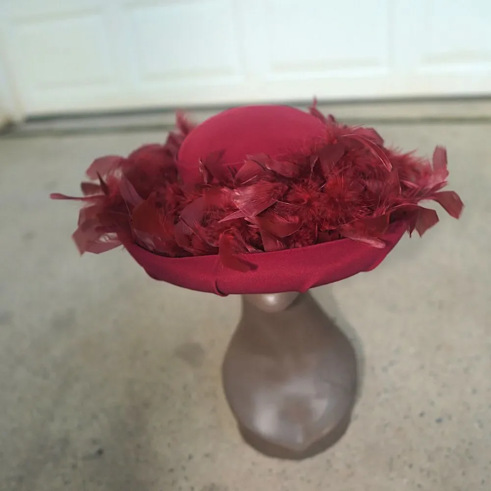 Vintage Gilbert and Ivy Burgundy Wool Feather Pillbox Hat / Fascinator